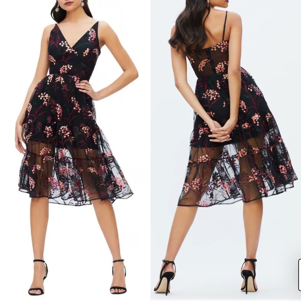 Dress The Population Black Paulette Embroidered Sequins Chiffon Midi Dress - Xxs